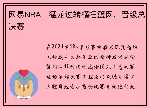 网易NBA：猛龙逆转横扫篮网，晋级总决赛